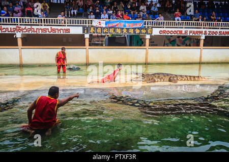 Samut Prakarn, Thailand - 25. März 2017: Junge und sein Team in der gefährlichen Krokodil zeigt. Riskante Krokodil zeigt in Crocodile Farm, einer der am meisten Impr Stockfoto