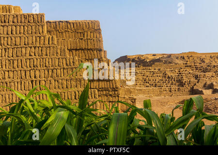 Huaca Pucllana, ist eine fast 2000-jährige Ton & Adobe trat Pyramide aus der Lima, Miraflores, Lima, Peru fotografiert im Sommer. Stockfoto