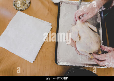 Ganze rohe Huhn, spatchcocked in Vorbereitung auf die Röstung: Hände schließen sich das Tragen der Umgang mit Lebensmitteln und Handschuhe mit Messer und Schere Stockfoto