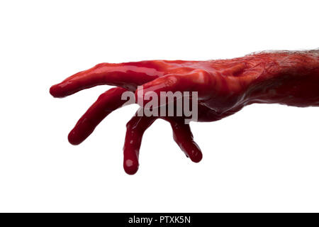 Blutige Hand gegen einen hellen Hintergrund. Halloween Horror Konzept Stockfoto