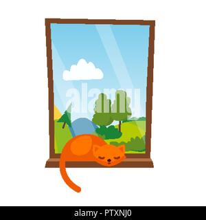 Cat Sleepping Im Fenster "Vektor. Isolierte Abbildung Stock Vektor