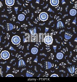 Folk blaue Blüten mit dunklem Hintergrund Vektor nahtlose Muster. Hand-Drawn Delft Blüten. Traditionelle Schwarzweiß Flora. Allover skandinavische Nordic Doodle. Stock Vektor