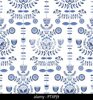 Folk blaue Blüten weißen Hintergrund Vektor nahtlose Muster. Hand-Drawn Delft Blüten. Traditionelle Schwarzweiß Flora. Blumen skandinavische Nordic Doodles. Stock Vektor