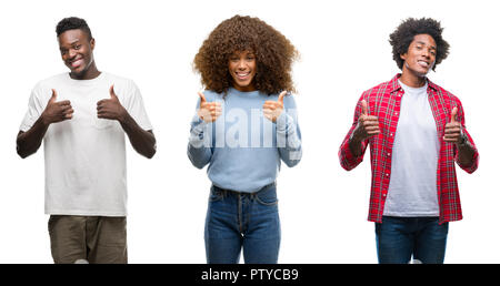 Collage der Afrikanische amerikanische Gruppe von Menschen über isolierte Hintergrund erfolg Zeichen tun positive Geste mit der Hand, Daumen hoch am lächeln und glücklich. Looki Stockfoto