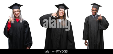 Collage der Gruppe von jungen Studenten Menschen tragen univerty gleichmäßig über isolierte Hintergrund lächelnd tun Telefon Geste mit der Hand und den Fingern graduierte Stockfoto
