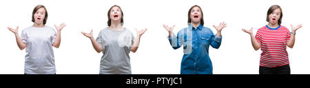 Collage von unten sydrome Frau über isolierte Hintergrund verrückt und erstaunt, Feiern für den Erfolg mit erhobenen Armen und offenen Augen schrie aufgeregt. Winn Stockfoto