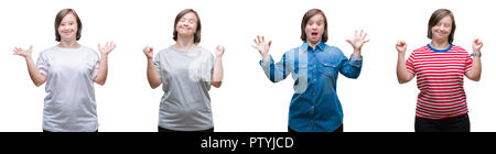 Collage von unten sydrome Frau über isolierte Hintergrund feiern verrückt und crazy für den Erfolg mit erhobenen Armen und geschlossenen Augen schrie aufgeregt. Winne Stockfoto