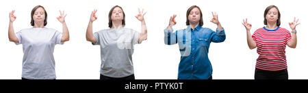 Collage von unten sydrome Frau über isolierte Hintergrund entspannen und Lächeln mit den Augen dabei geschlossen Meditation Geste mit den Fingern. Yoga Konzept. Stockfoto