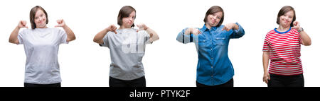 Collage von unten sydrome Frau über isolierte Hintergrund überzeugt mit einem Lächeln auf dem Gesicht, zeigen Sie sich selbst mit Fingern stolz und glücklich. Stockfoto