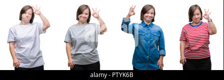Collage von unten sydrome Frau über isolierte Hintergrund Lächeln positive tun ok Zeichen mit der Hand und der Finger. Erfolgreiche Ausdruck. Stockfoto