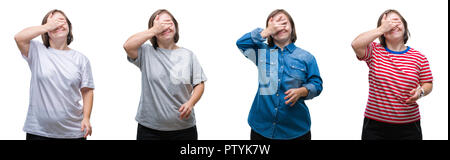 Collage von unten sydrome Frau über isolierte Hintergrund Lächeln und Lachen mit der Hand auf das Gesicht, die Augen für Überraschung. Blind Konzept. Stockfoto