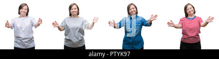 Collage von unten sydrome Frau über isolierte Hintergrund in die Kamera lächelnd mit offenen Armen für die Hug. Fröhlichen Ausdruck Glück umarmen. Stockfoto