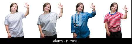 Collage von unten sydrome Frau über isolierte Hintergrund angezeigt und zeigen mit den Fingern Nummer drei, während lächelte zuversichtlich und fröhlich. Stockfoto