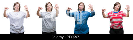 Collage von unten sydrome Frau über isolierte Hintergrund angezeigt und zeigen mit den Fingern Nummer sechs, während lächelte zuversichtlich und fröhlich. Stockfoto