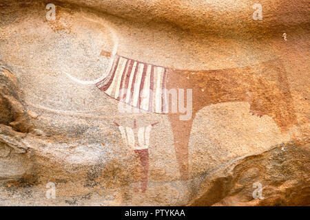 Felsmalereien und Petroglyphen, Wandmalereien. Laas Geel, auch Laas Gaal geschrieben, sind Höhlenformationen am ländlichen Stadtrand von Hargeisa, Somalia. Somaliland Stockfoto