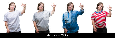 Collage von unten sydrome Frau über isolierte Hintergrund angezeigt und zeigen mit den Fingern Nummer zwei während lächelte zuversichtlich und fröhlich. Stockfoto