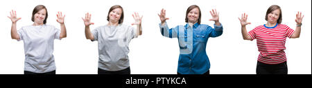 Collage von unten sydrome Frau über isolierte Hintergrund angezeigt und zeigen mit den Fingern Nummer zehn, während lächelte zuversichtlich und fröhlich. Stockfoto