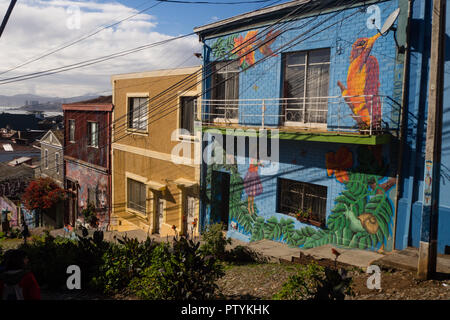 VALPARAISO, CHILE - Juni 2, 2017: Bunte Graffiti auf einem Haus in Valparaiso, Chile. Valparaiso historische Zentrum ist ein UNESCO Weltkulturerbe Stockfoto