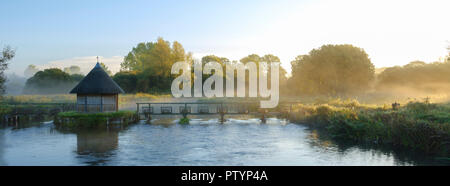 Herbst Sonnenaufgang mit Nebel auf dem Aal Haus Traps auf dem River Test in der Nähe von Longstock, Hampshire, Großbritannien Stockfoto