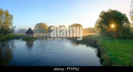 Herbst Sonnenaufgang mit Nebel auf dem Aal Haus Traps auf dem River Test in der Nähe von Longstock, Hampshire, Großbritannien Stockfoto