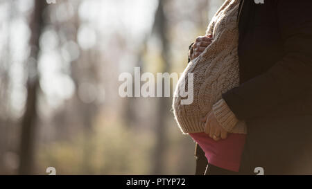 7/8-Low Angle View einer schwangeren Frau draußen im Wald tragen Pullover und rosa Hemd. Stockfoto