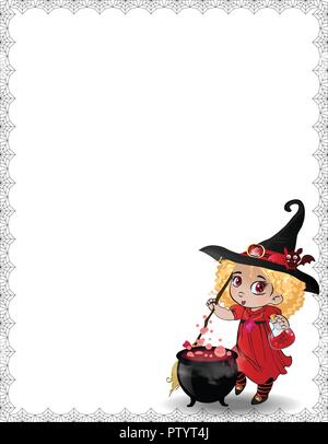 Vector Illustration von baby Hexe girll in rot Kostüm und Kessel mit Spiderweb auf weißem Hintergrund eingerahmt. Halloween Vorlage, Rahmen, Rahmen für f Stock Vektor