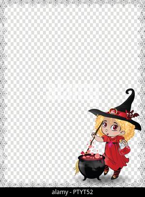 Vector Illustration von baby Hexe girll in rot Kostüm und Kessel mit Spiderweb auf transparentem Hintergrund eingerahmt. Halloween Vorlage, Rand, Rahmen Stock Vektor