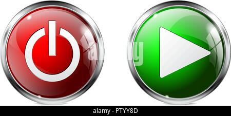 Glas runde Tasten. Stromversorgung und Wiedergabe 3D-Symbole Stock Vektor