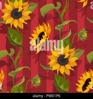 Sonnenblume Vektor nahtlose Muster floral Textur auf rote Streifen Hintergrund Stock Vektor