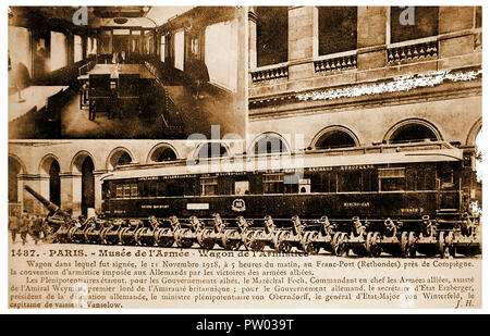 Armistice Day - die Eisenbahn, in dem der Frieden Vertrag am Ende des Ersten Weltkriegs unterzeichnet (von der Postkarte der Zeit) war Stockfoto