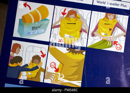 Not Schwimmweste Einweisung in die Sicherheit an Bord von British Airways Flight Safety Card Information Stockfoto