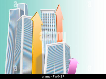 Konzept Stadt Gebäude Wolkenkratzer und Pfeile in Farben, Vector, 3D, CGI Stockfoto
