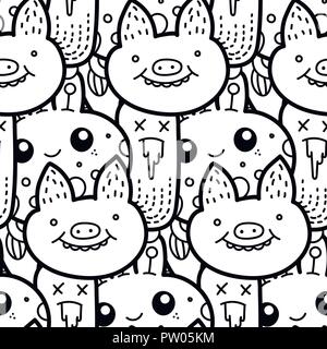 Schwein Gesicht. Lustige doodle Monster nahtlose Muster für Drucke, Designs und Malbücher. Vector Illustration Stock Vektor