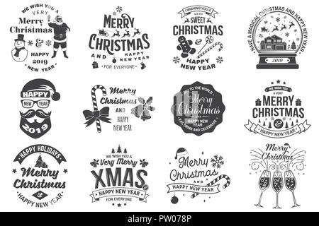 Satz von Frohe Weihnachten und ein glückliches Neues Jahr 2019 Stempel, Sticker Set Angebote mit Schneeflocken, Schneemann, Weihnachtsmann, Süßigkeit, Süßigkeiten, Kekse. Vektor. Vintage Typografie Design für Weihnachten, Neujahr Emblem Stock Vektor