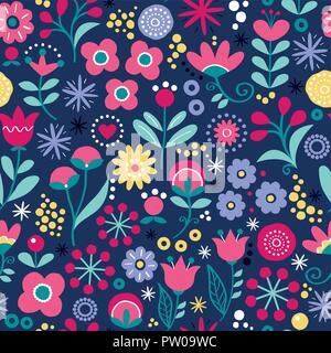 Die nahtlose Vektor Volkskunst florale Muster - Hand gezeichnet Vintage skandinavischen Stil textile Design mit rosa und gelbe Blumen auf blau Stock Vektor