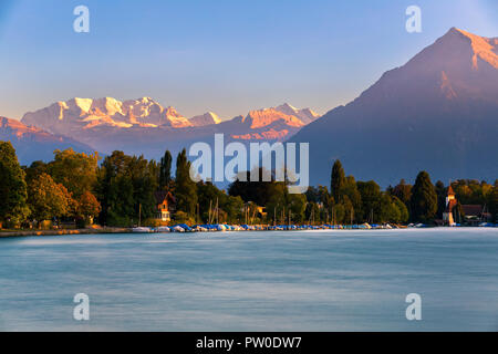 Thunersee mit Blick auf die Schweizer Alpen in der Zentralschweiz. Stockfoto