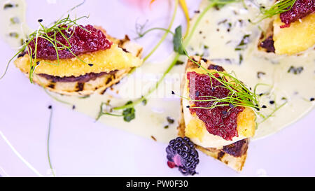 Die Foie gras mit Soße. Flache dof Stockfoto