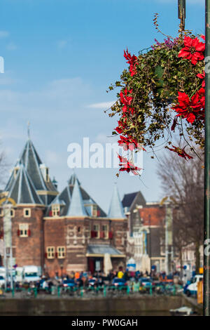 In den ersten Tagen des Frühlings schöne rote Blumen die Brücken an der Alten zentralen Bezirk verschönern in Amsterdam. Stockfoto