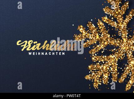 Weihnachten Hintergrund mit glänzenden gold Schneeflocken. Deutsche text Frohliche Weihnachten. Schriftzug Frohe Weihnachten Karte Vector Illustration. Stock Vektor