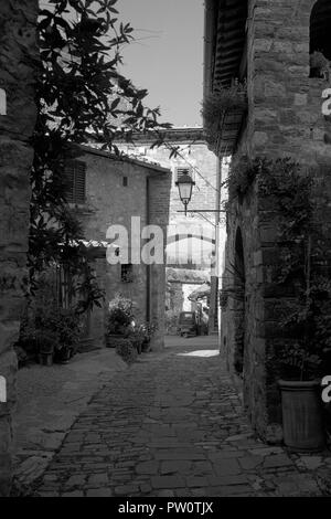 Eine einsame Straße An der Siesta, Montefioralle, Toskana, Italien. Schwarz und Weiss Stockfoto