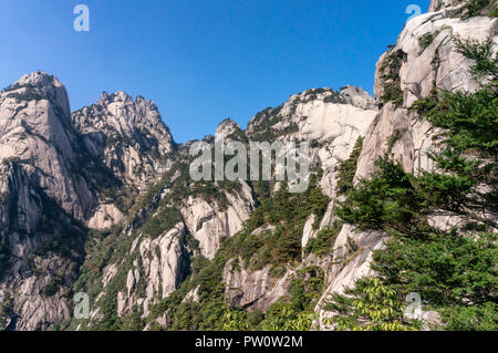 Seltsam geformte Felsen an einem nebligen Tag im Frühling. Landschaft des Huangshan Berg in China Stockfoto