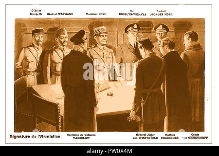 Armistice Day - Die Unterzeichner des Friedensvertrags am Ende des Ersten Weltkrieges (von einem französischen Postkarte der Zeit) Stockfoto