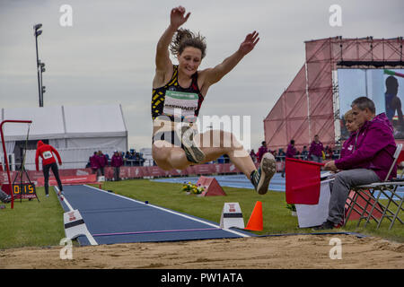 Buenos Aires, Buenos Aires, Argentinien. 11 Okt, 2018. Der junge Athlet Beernaert Maite 16 Jahre Die Delegation Belgiens debütierte heute Nachmittag bei den Olympischen Jugend Spiele in der Disziplin der lange Frauen Springen, Phase 1, die noch in der Position Nr. 4. Credit: Roberto Almeida Aveledo/ZUMA Draht/Alamy leben Nachrichten Stockfoto