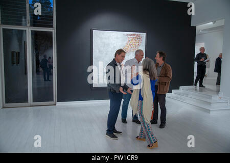 Johannesburg, Südafrika, 11. Oktober, 2018. Guy Ferrer (L) spricht mit einem Besucher, als er seine Show Feu Sacré (Heiliges Feuer) Donnerstag Abend bei Everard lesen Galerie in Johannesburg, Südafrika öffnet sich. "Das heilige Feuer ist die unbändige und permanente Notwendigkeit zu Arbeiten in meinem Studio halten, jeden einzelnen Tag, bis zu dem Punkt, sich schuldig fühlen, wenn aus dem einen oder anderen Grund ich zu stoppen. Das Studio ist mein Lieblingsplatz des Lebens", sagt der Maler und Bildhauer in seinem Artist Statement für die Show. Ferrer, die in Algerien geboren, lebt und arbeitet in Perpignan, Frankreich. Credit: Eva-Lotta Jansson Stockfoto