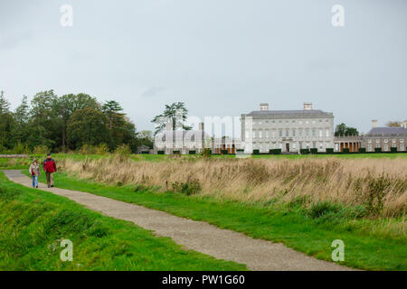 Celbridge, Grafschaft Kildare, Irland. 12 Okt, 2018: Die Folgen des Sturms Callum im Castletown Park, Celbridge. Ruhe am Morgen und Paar herabgefallene Äste aber keine größeren Schäden in der Forstwirtschaft. Die Menschen wandern und jugging foretasted vor dem Regen für den Nachmittag als Sturm Callum bewegt sich über Irland. Quelle: Michael Grubka/Alamy leben Nachrichten Stockfoto