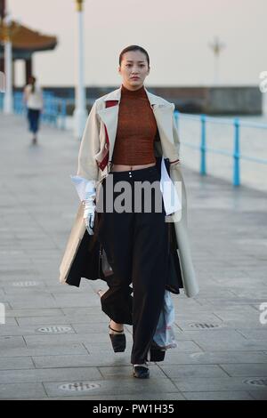 Qingdao, China Provinz Shandong. 12 Okt, 2018. Ein Modell präsentiert Kreationen während einer Mode Wettbewerb für Studenten in Qingdao, in der ostchinesischen Provinz Shandong, Okt. 12, 2018. Credit: Wang Haibin/Xinhua/Alamy leben Nachrichten Stockfoto