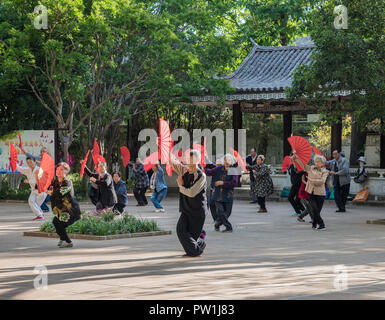 Tai-Chi, die von einer Gruppe von Chinesen in Dali Park durchgeführt, Kunming, China. Stockfoto