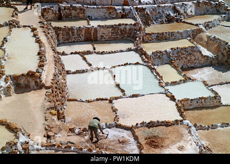 Die Salzminen von Maras Salineras de noch in der Produktion heute, das Heilige Tal der Inkas, Cusco Region, Peru Stockfoto