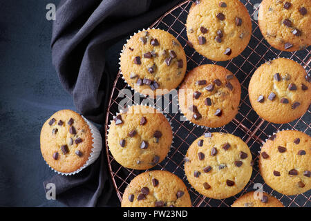 Zwölf frisch gebackene choco Chip muffins Abkühlen auf Drahtgeflecht auf dunklem Hintergrund mit Bettwäsche Handtuch, Flachbild Layout Stockfoto