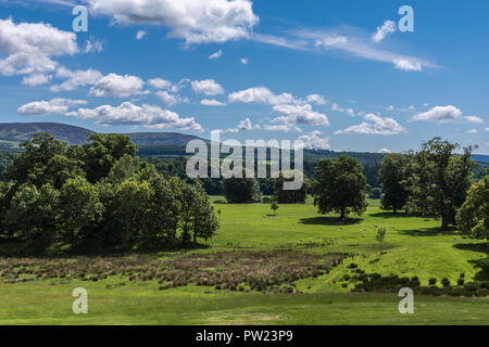 Holm von Drumlanrig, Schottland, Großbritannien, 18. Juni 2012: Landschaft mit Hügeln und Wald Taschen unter blauen Himmel außerhalb Drumlanrig Castle. Stockfoto